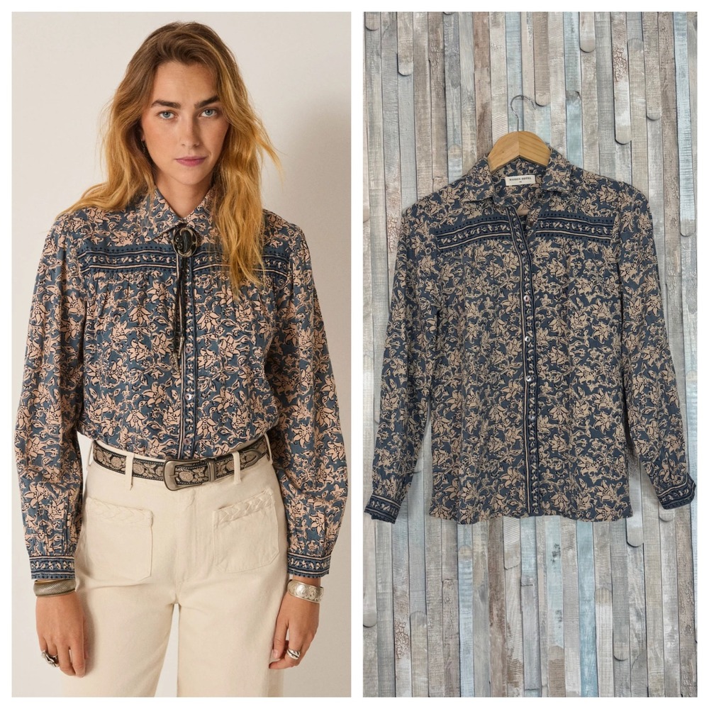 Maison Hotel Stella Blouse Blue Lion Floral Print Viscose Button Down Top XS